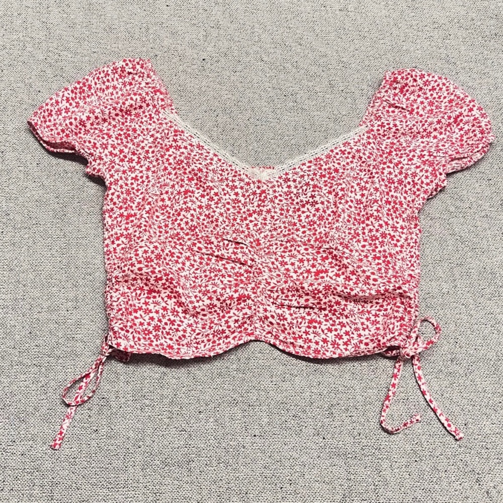 Red Floral Crop Top with Side Ties and Fitted Back; Girly
